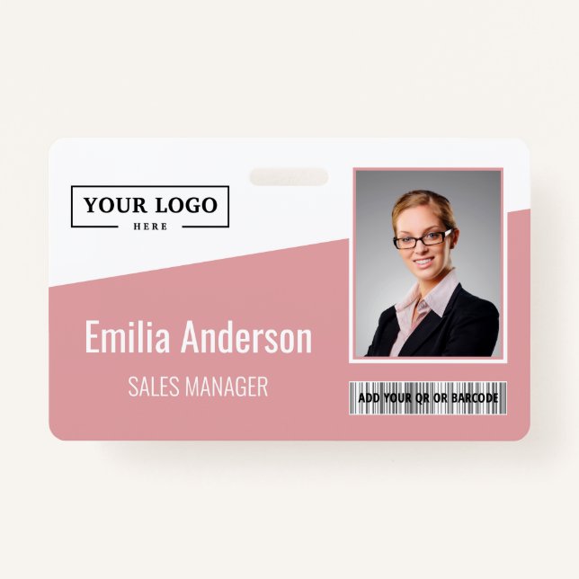 Custom Business Logo Barcode Photo Employee Pink ID Badge (Front)