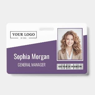 Custom Business Logo Barcode Photo Employee Purple ID Badge