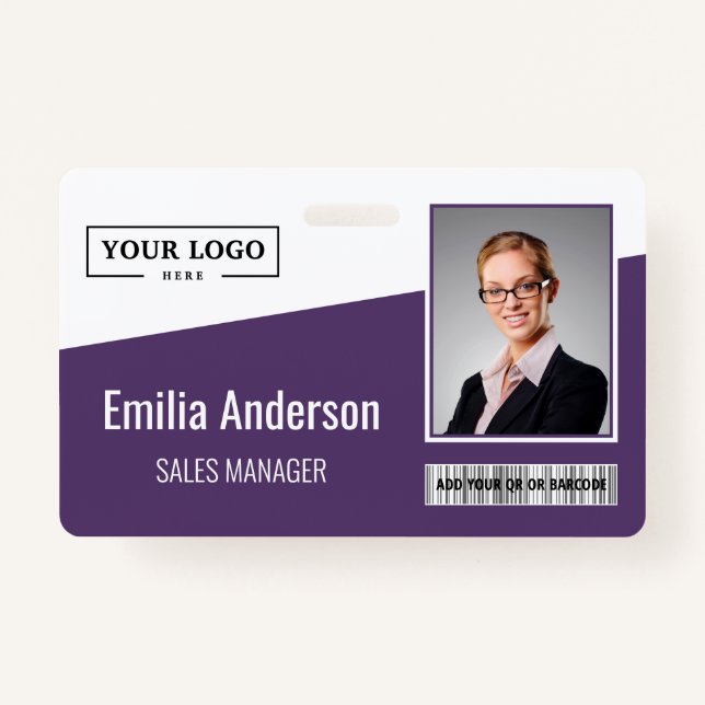 Custom Business Logo Barcode Photo Employee Purple ID Badge (Front)