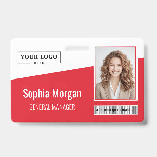 Custom Business Logo Barcode Photo Employee Red ID Badge
