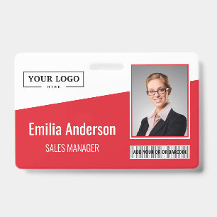 Custom Business Logo Barcode Photo Employee Red ID Badge