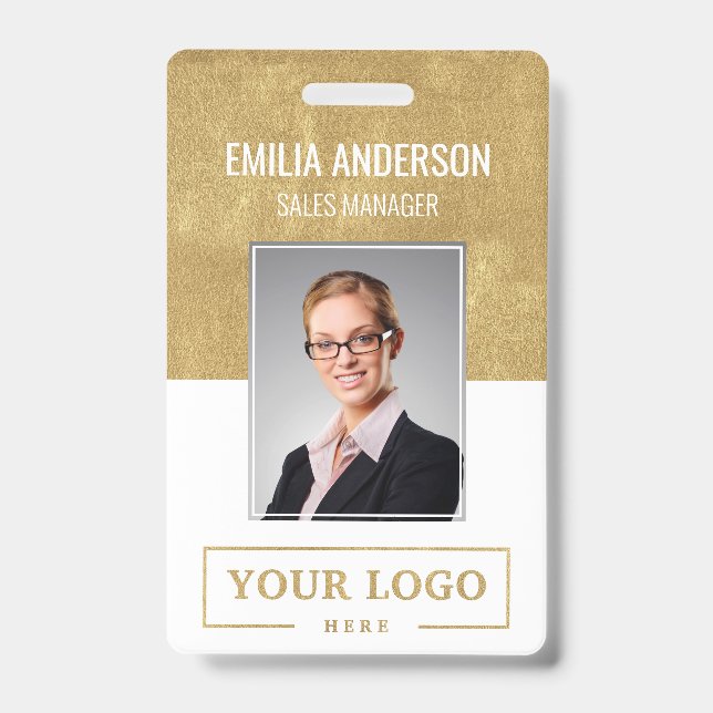 Custom Business Logo Basic Employee Photo Gold ID Badge (Front)