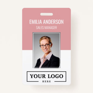 Custom Business Logo Basic Employee Photo Pink ID Badge