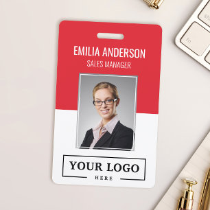 Custom Business Logo Basic Employee Photo Red ID Badge