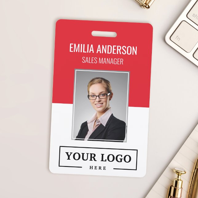 Custom Business Logo Basic Employee Photo Red ID Badge (Creator Uploaded)