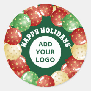 Custom Business Logo Christmas Balloons Green Classic Round Sticker