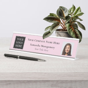 Custom Business Logo Company Title Photo Pink Desk Name Plate