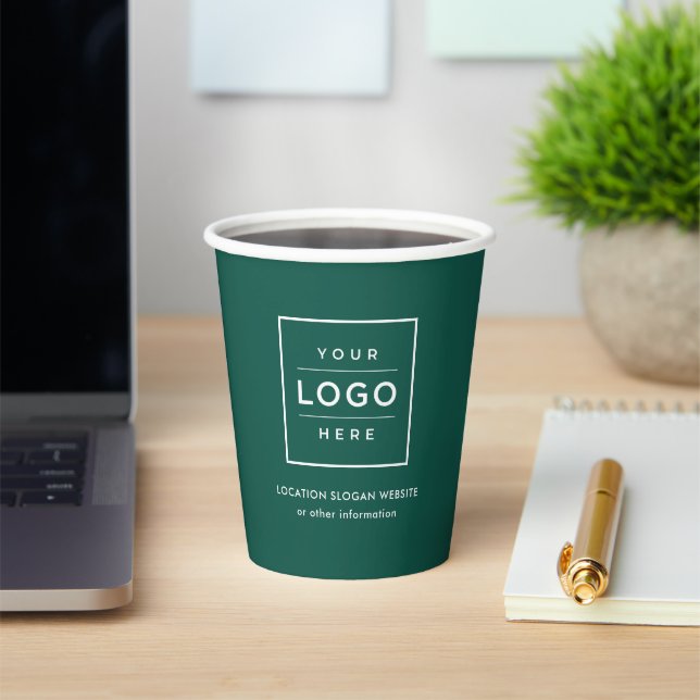 Custom Business Logo Dark Green Branded Paper Cups (Insitu)