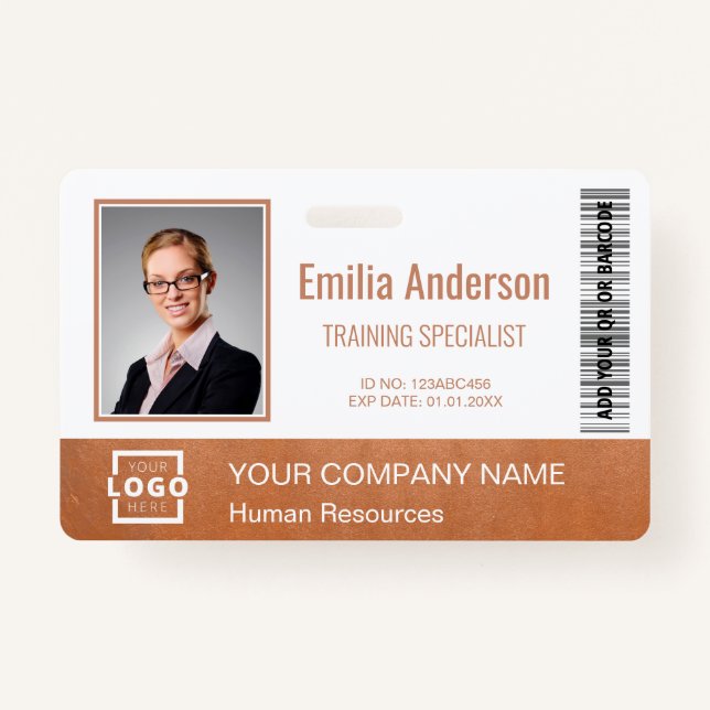 Custom Business Logo Employee Photo Rose Gold ID Badge (Front)