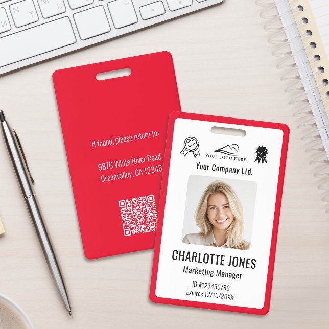 Custom Business Logo Employee QR Code Red ID Badge (Creator Uploaded)
