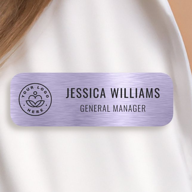Custom Business Logo Faux Metallic Brushed Purple Name Tag (Creator Uploaded)