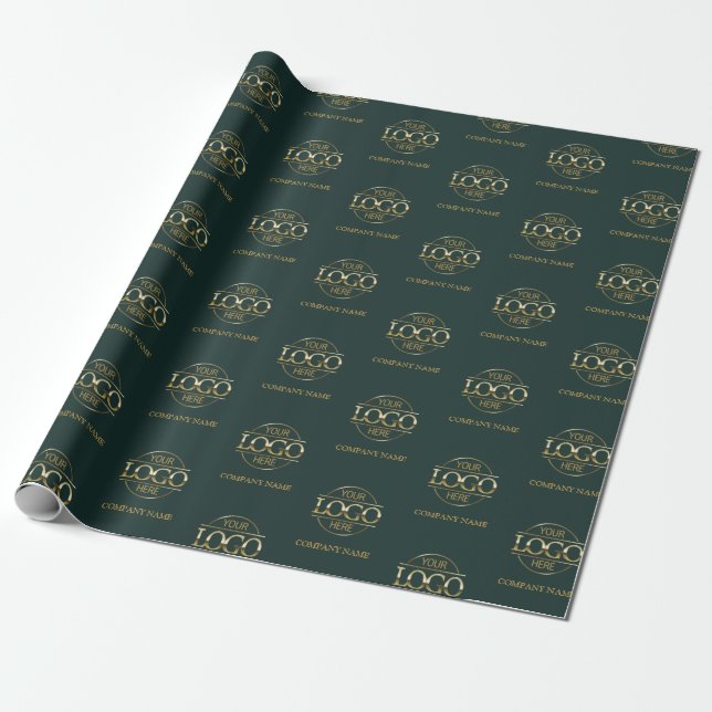 Custom Business Logo Gold & Dark Green Promotional Wrapping Paper (Unrolled)