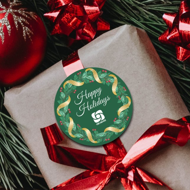 Custom Business Logo Green Christmas Wreath Classic Round Sticker (Creator Uploaded)