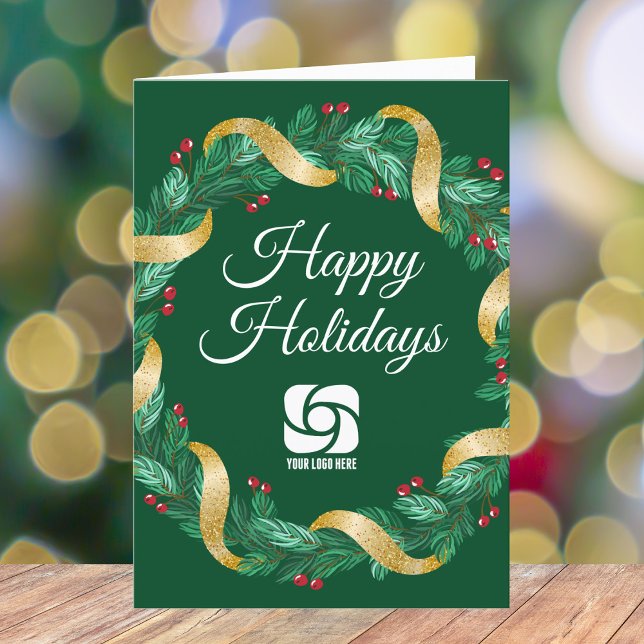 Custom Business Logo Green Christmas Wreath Holiday Card (Creator Uploaded)