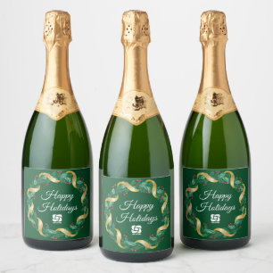 Custom Business Logo Green Christmas Wreath Sparkling Wine Label