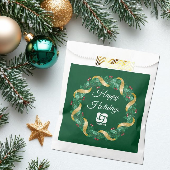 Custom Business Logo Green Wreath Holiday Party Favour Bags (Creator Uploaded)