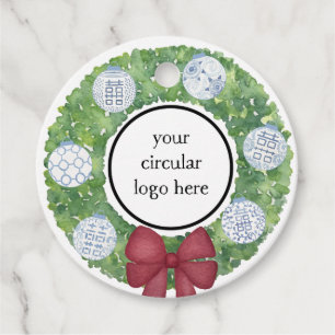 Custom Business Logo Happy Holidays Green Wreath Favour Tags