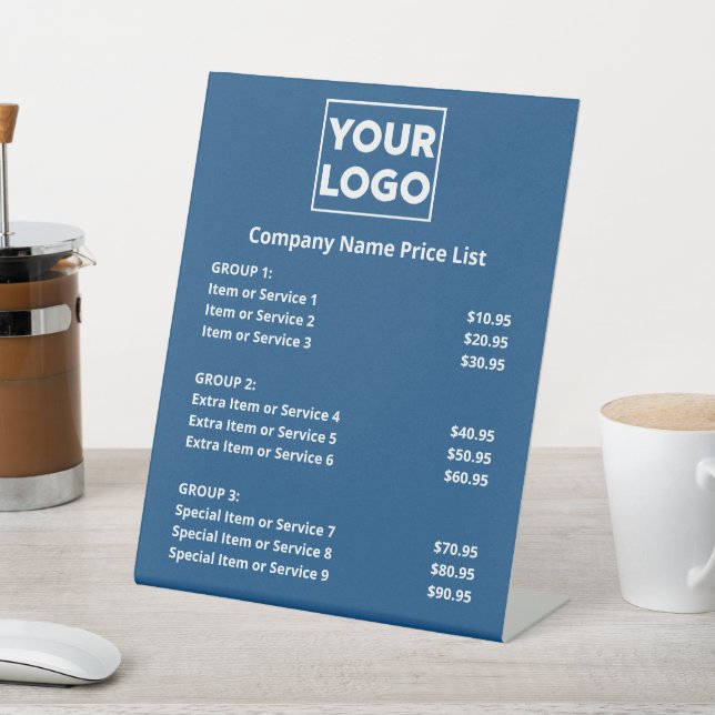 Custom Business Logo Minimal Price List on Blue Pedestal Sign (In SItu)