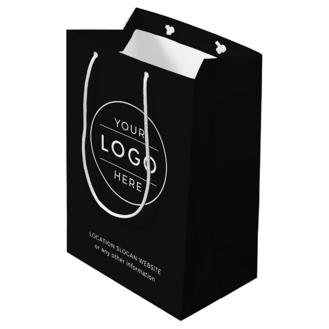 Custom Business Logo Modern Charcoal Ivory Medium Gift Bag (Back Angled)
