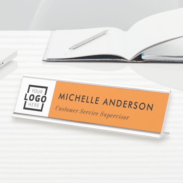 Custom Business Logo Modern Employee Orange Desk Name Plate (Creator Uploaded)
