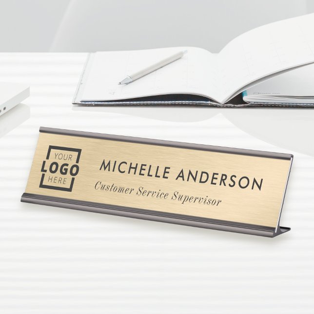 Custom Business Logo Modern Minimal Brushed Gold Desk Name Plate (Creator Uploaded)