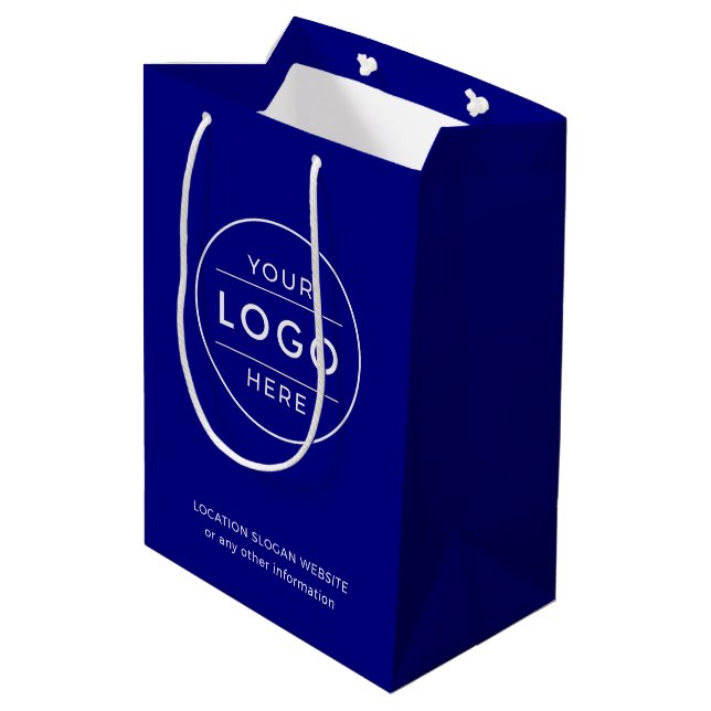 Custom Business Logo Modern Navy Blue Ivory Medium Gift Bag (Back Angled)