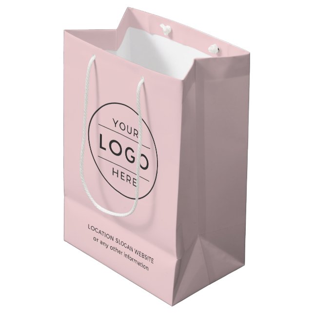 Custom Business Logo Modern Soft Pink Charcoal Medium Gift Bag (Front Angled)