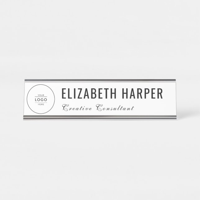 Custom Business Logo Modern White & Black Desk Name Plate (Front)