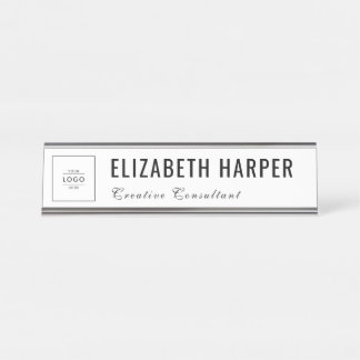 Custom Business Logo Modern White & Black Desk Name Plate