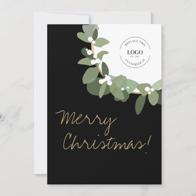 Custom Business Logo Modern Wreath Merry Christmas Holiday Card (Front)