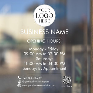 Custom Business Logo Name QR Code Open Hours White Window Cling
