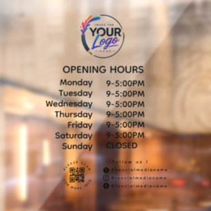 Custom Business Logo Opening Times QR Code Socials Window Cling