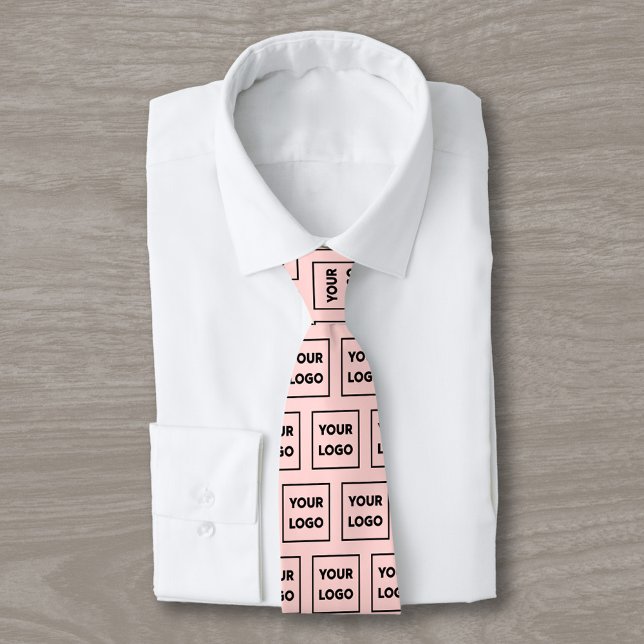 Custom Business Logo Pattern on Coral Pink 2 Sided Tie (Custom Business Logo Pattern on Coral Pink 2 Sided Neck Tie, tied, in situ)