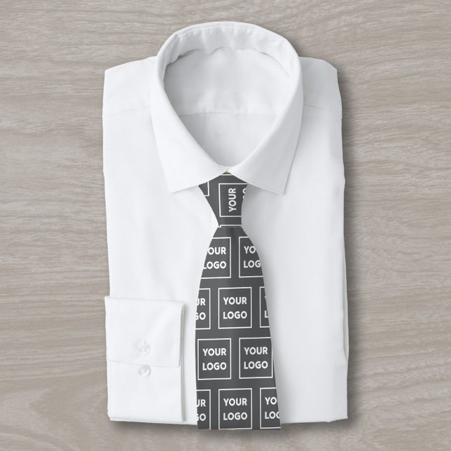 Custom Business Logo Pattern on Dark Grey 2 Sided Tie (Custom Business Logo Pattern on Dark Gray 2 Sided Neck Tie, tied, in situ)