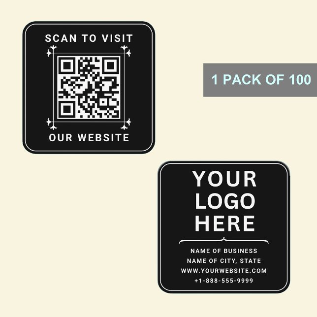 Custom Business Logo & QR Code | Modern Black  Square Business Card (Modern Black Custom Logo and QR Code Square Business Card)