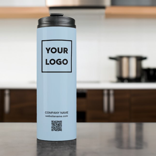 Custom Business Logo QR Code on Light Blue Thermal Tumbler (Custom Business Logo QR Code on Light Blue Thermal Tumbler in situ)
