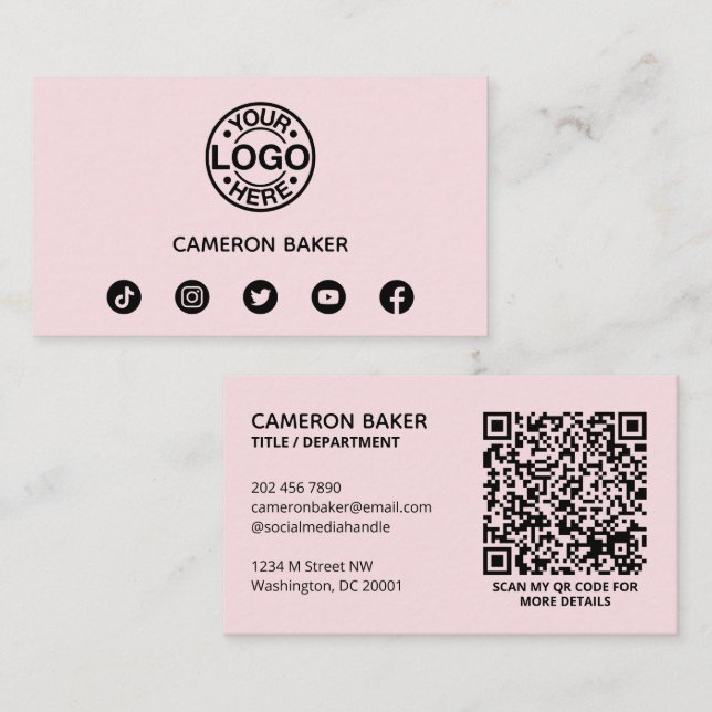 Custom Business Logo QR Code Social Media Pink Card (Front/Back)