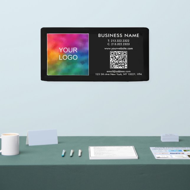 Custom Business Logo QR Code Stylish Black Indoor Banner (Tradeshow)