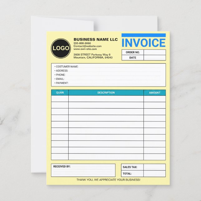 Custom Business Logo Sales Invoice Form Papers (Front)