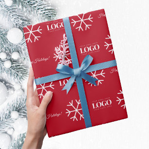 Custom Business Logo Snowflake Happy Holidays Text Wrapping Paper