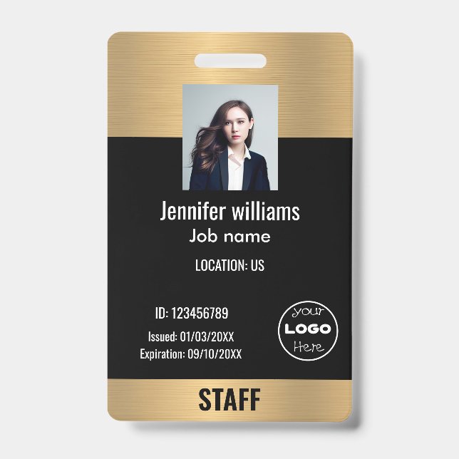 custom business logo sparkle glod & black Photo ID Badge (Front)