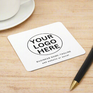 Custom Business Logo & Text l Black & White Promo Square Paper Coaster