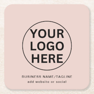 Custom Business Logo & Text l Blush Pink Promo Square Paper Coaster