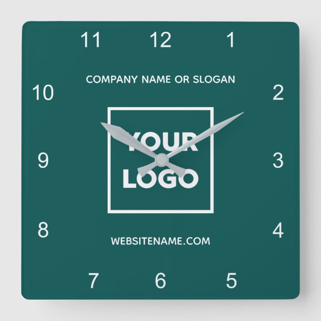 Custom Business Logo Text Minimal Teal Square Wall Clock (Front)