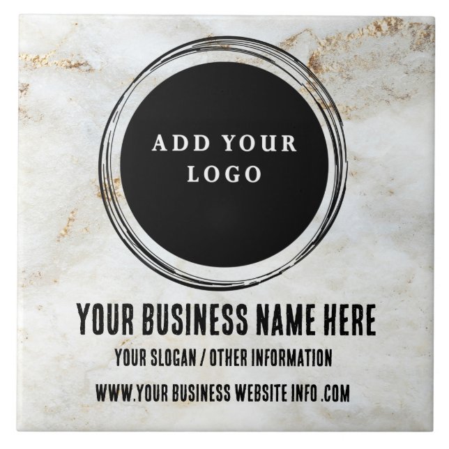 Custom Business Logo White & Gold Marble  Tile (Front)