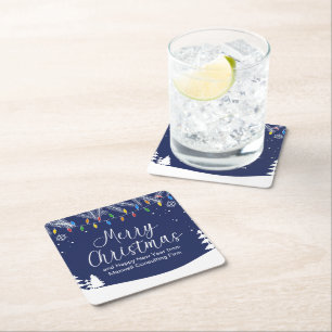 Custom Business Merry Christmas Festive Blue Party Square Paper Coaster