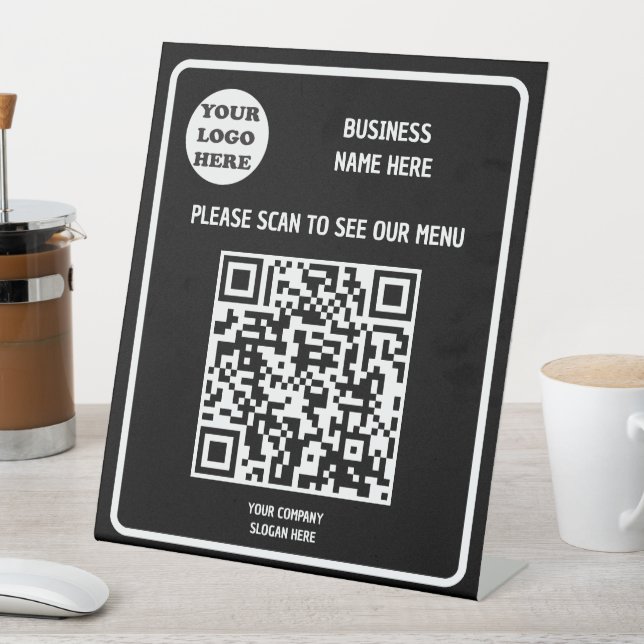 Custom Business Modern Black QR Code Menu  Pedestal Sign (In SItu)