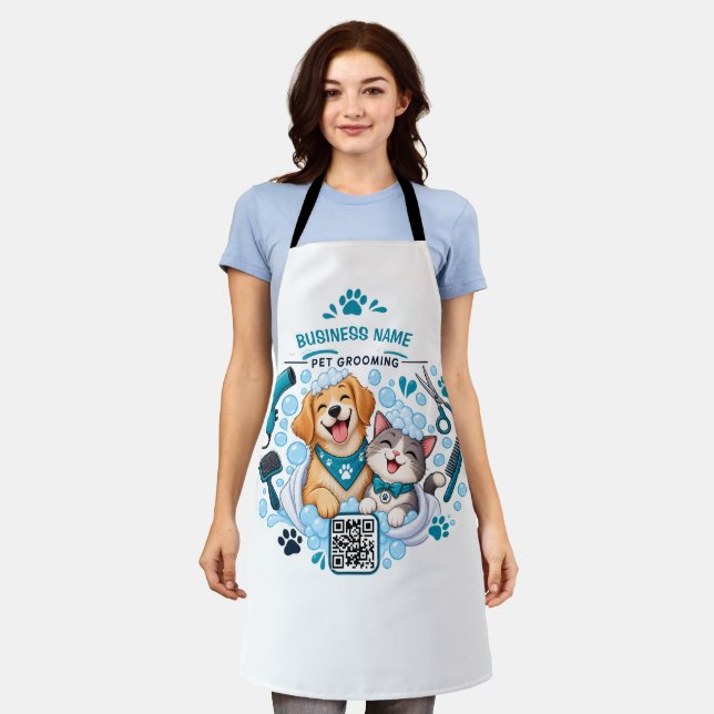 Custom Business Name & QR Code Dog & Cat Groomer  Apron (Worn)