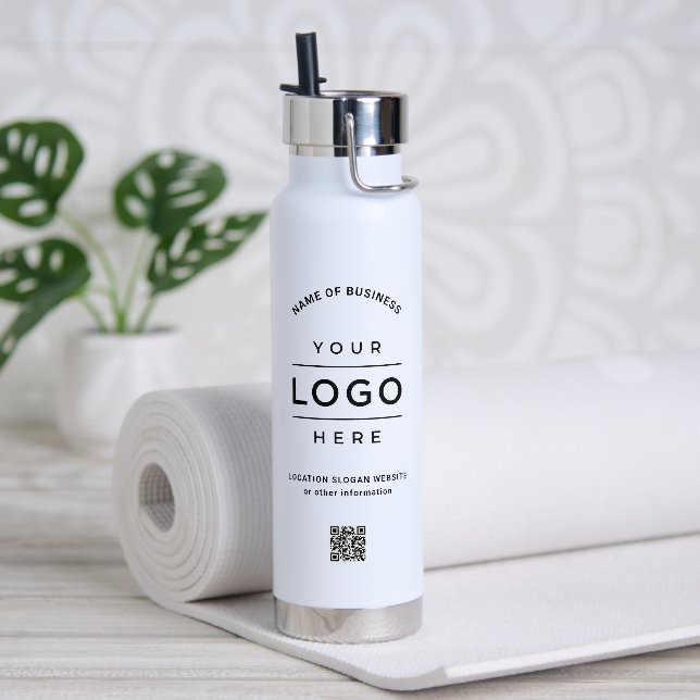 Custom Business Name QR Code Logo White Branded Water Bottle (Yoga)