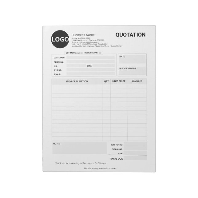 Custom Business Quote & Invoice Form Notepad (Rotated)